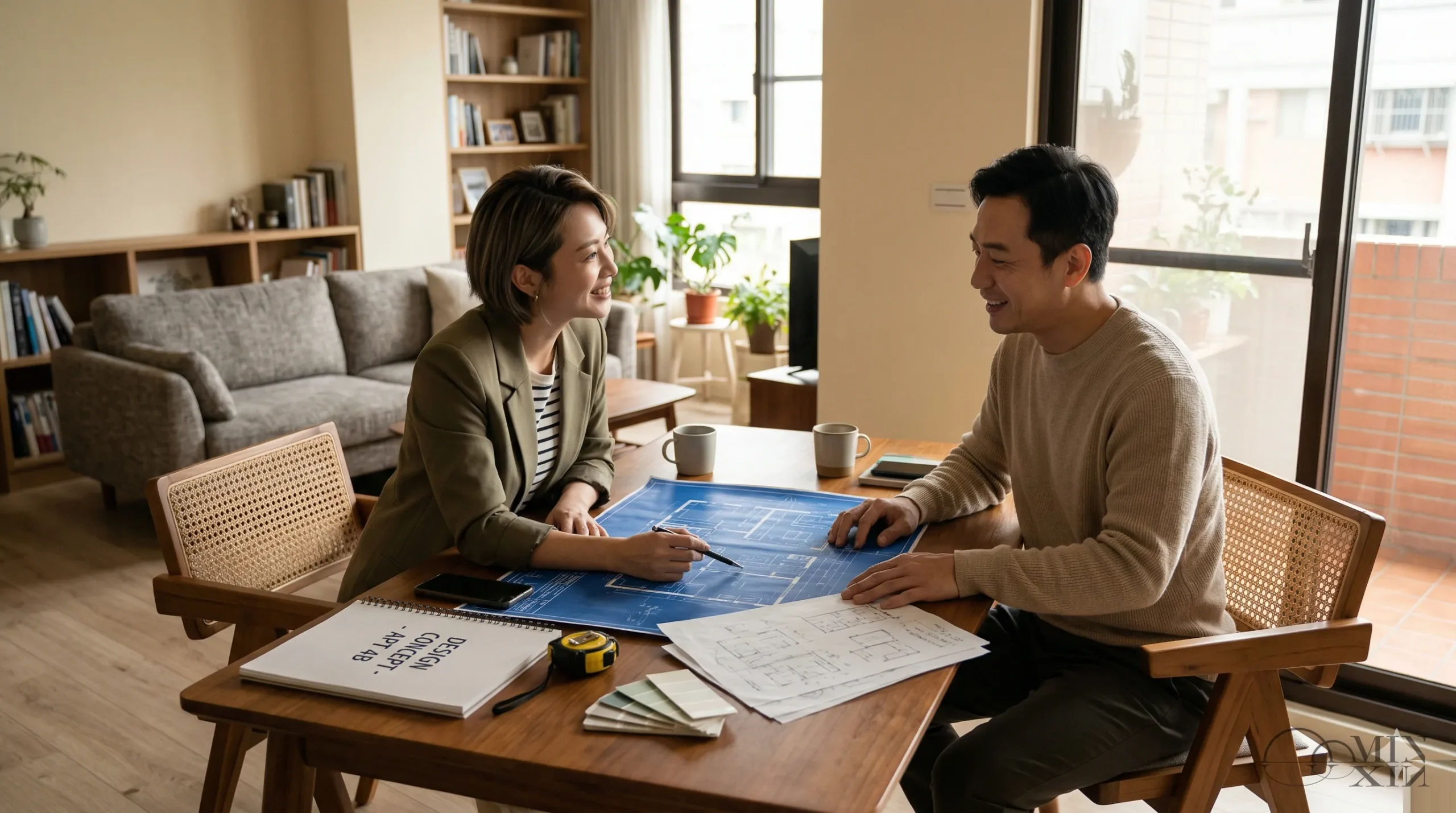 室內設計流程第一階段,設計師與屋主討論平面配置圖