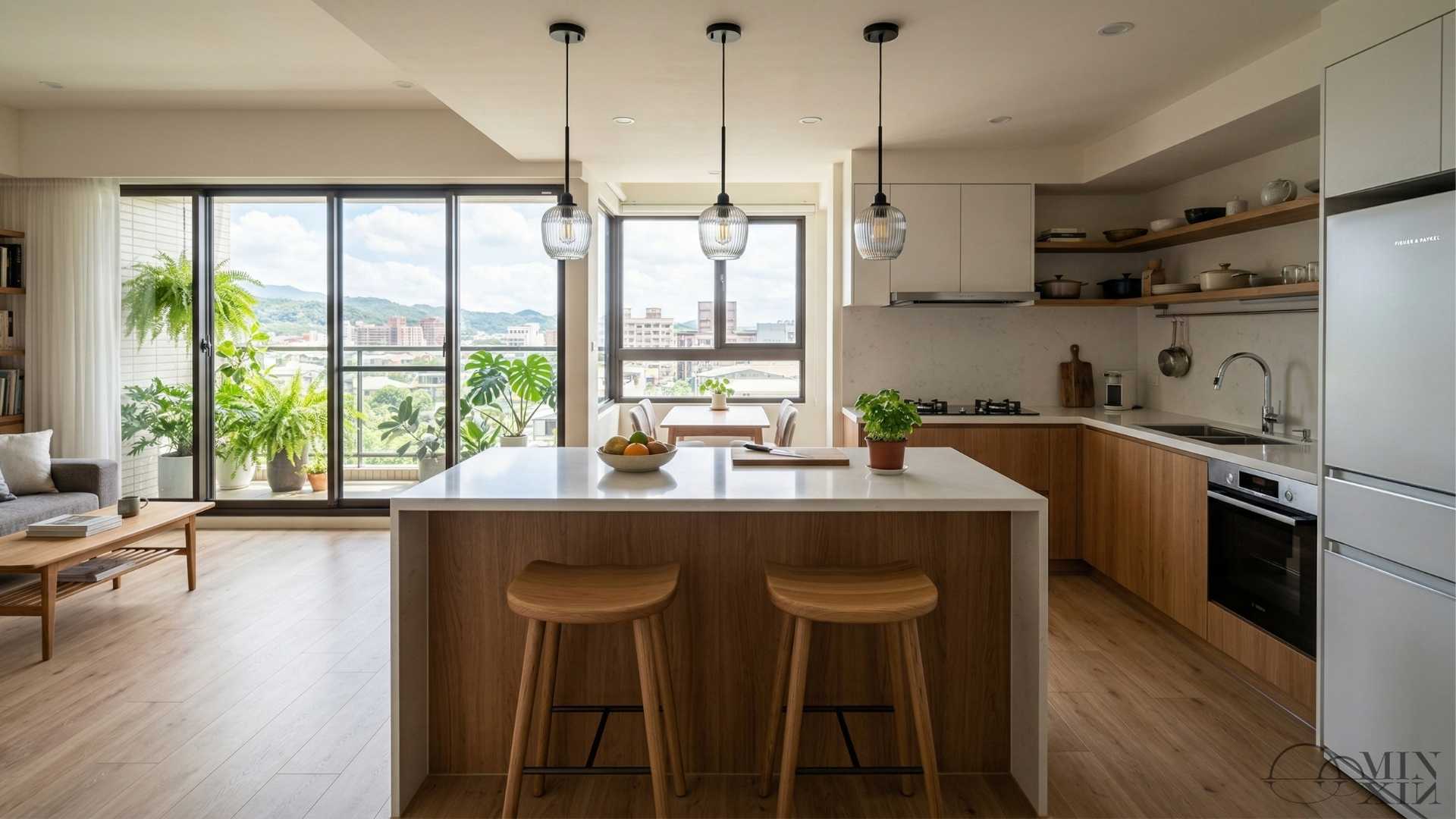 開放式廚房中島設計,白色石英石檯面搭配木質吧台椅