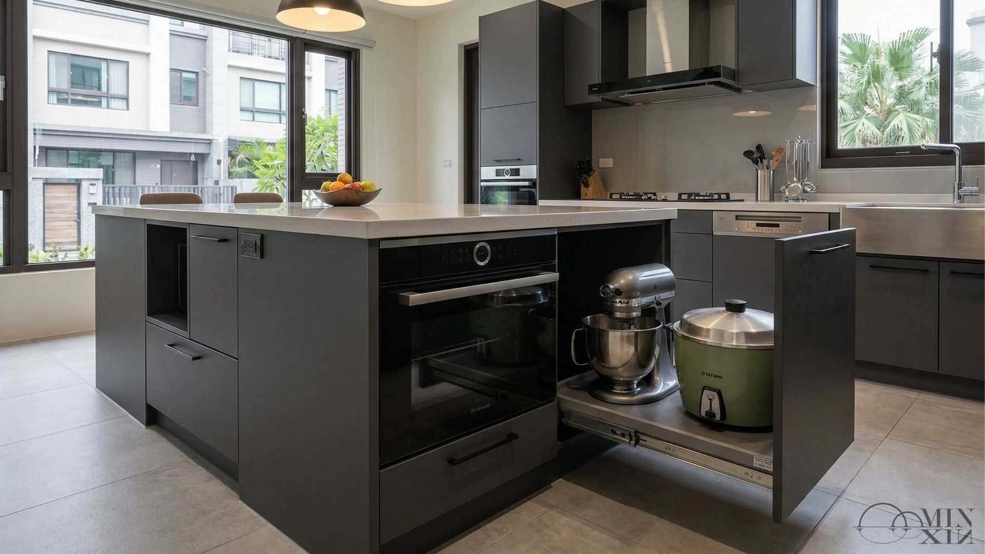 透天廚房中島兼電器櫃,嵌入式烤箱與滑軌抽盤設計