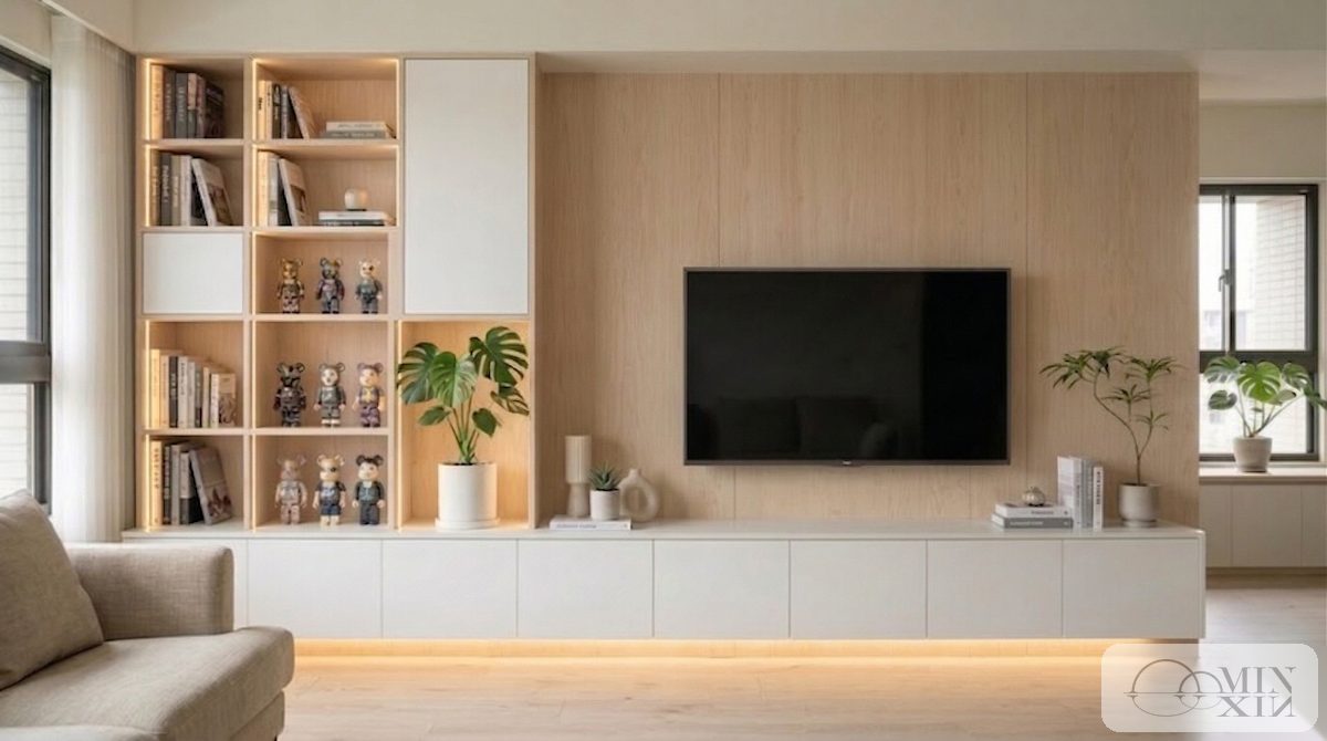 `小坪數客廳電視牆收納櫃設計,櫃體懸浮搭配間接燈光`