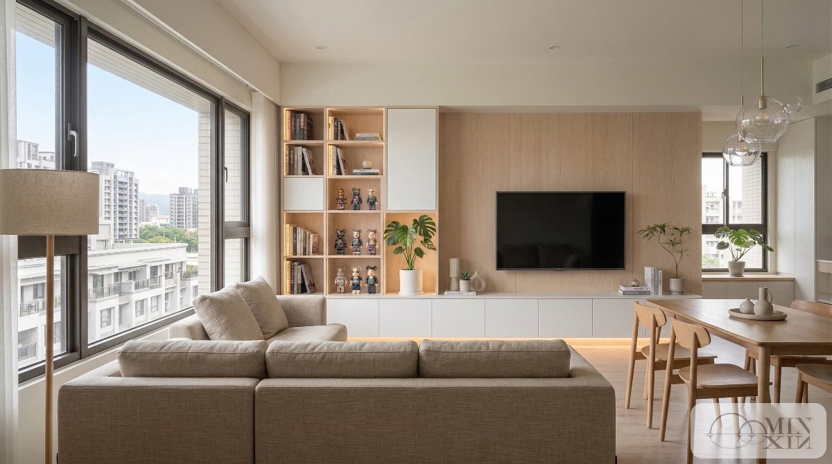 懸浮式電視櫃壁掛安裝,底部 LED 燈帶效果