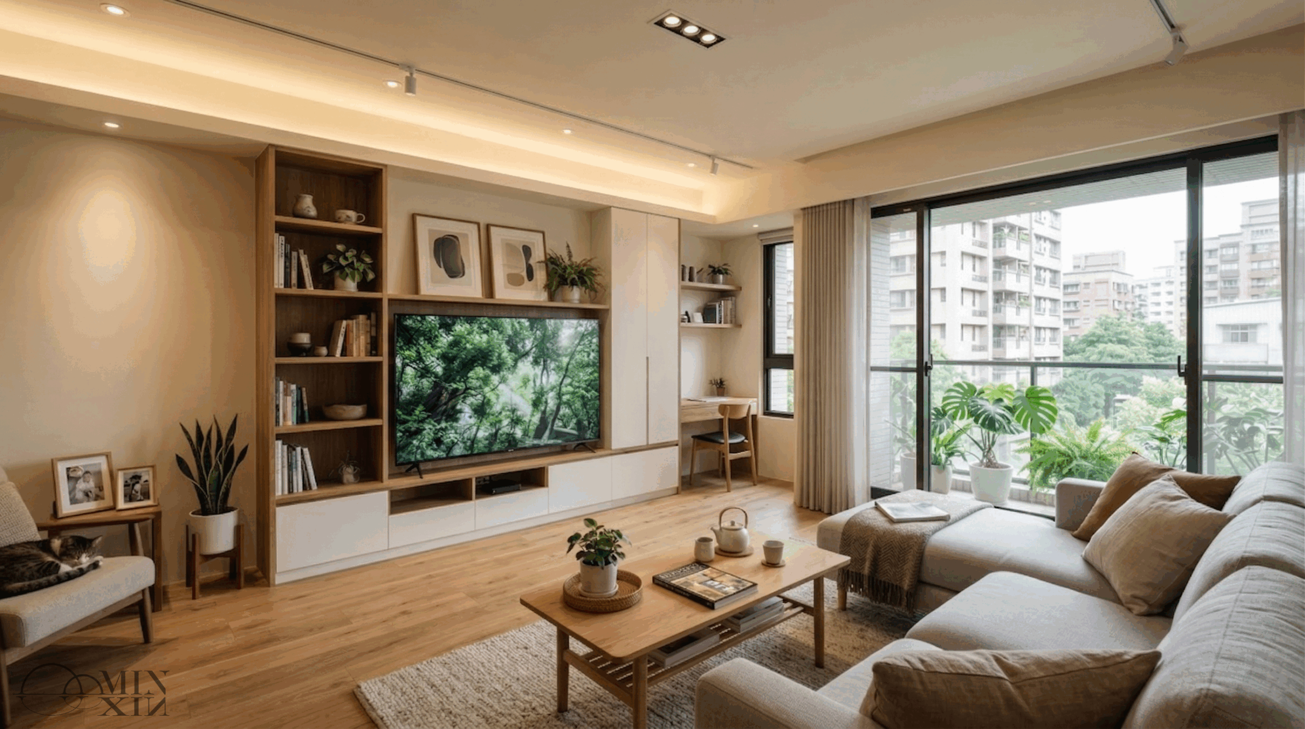 透天電視牆白色木紋設計,放大視覺