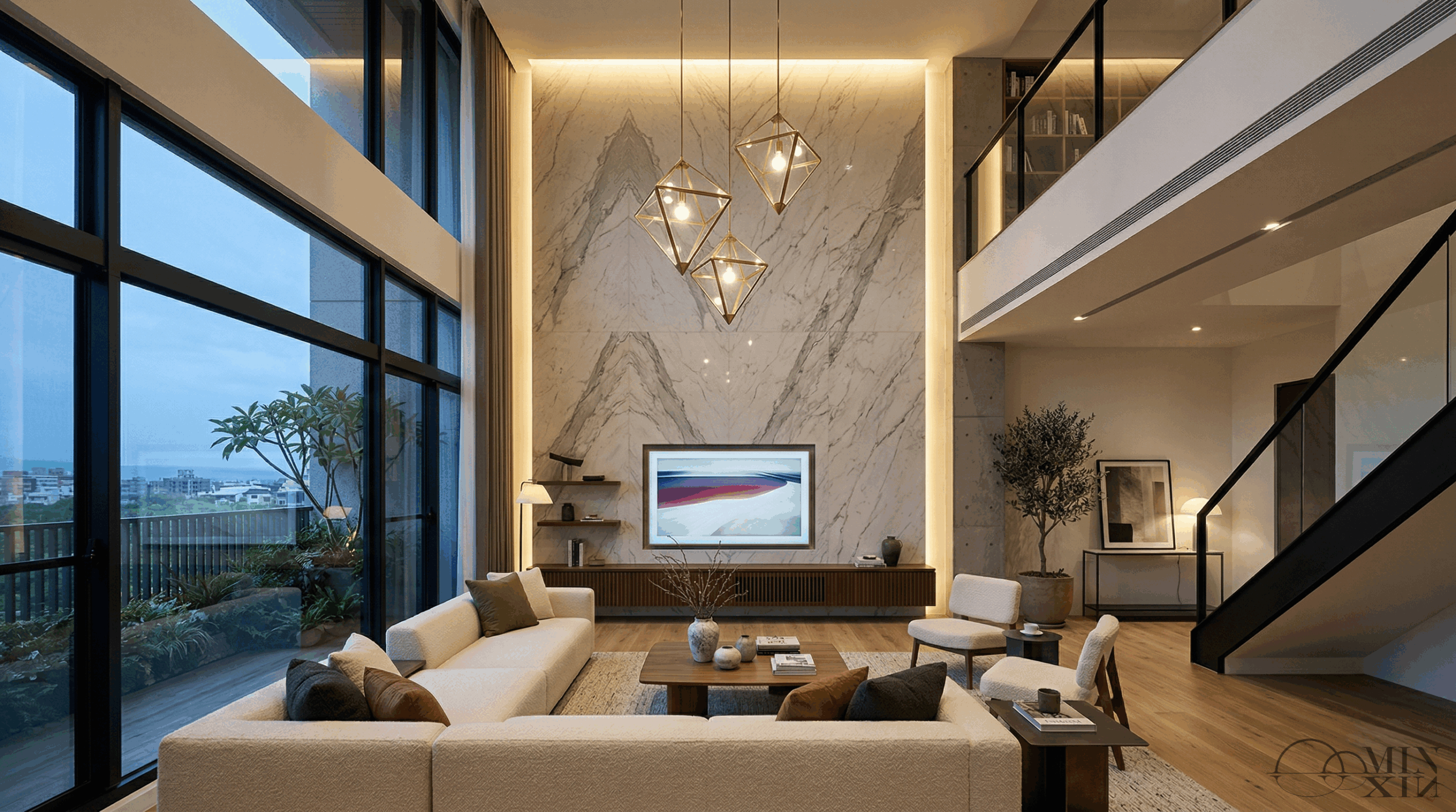 透天挑高客廳電視牆設計,石材背板搭配洗牆燈光