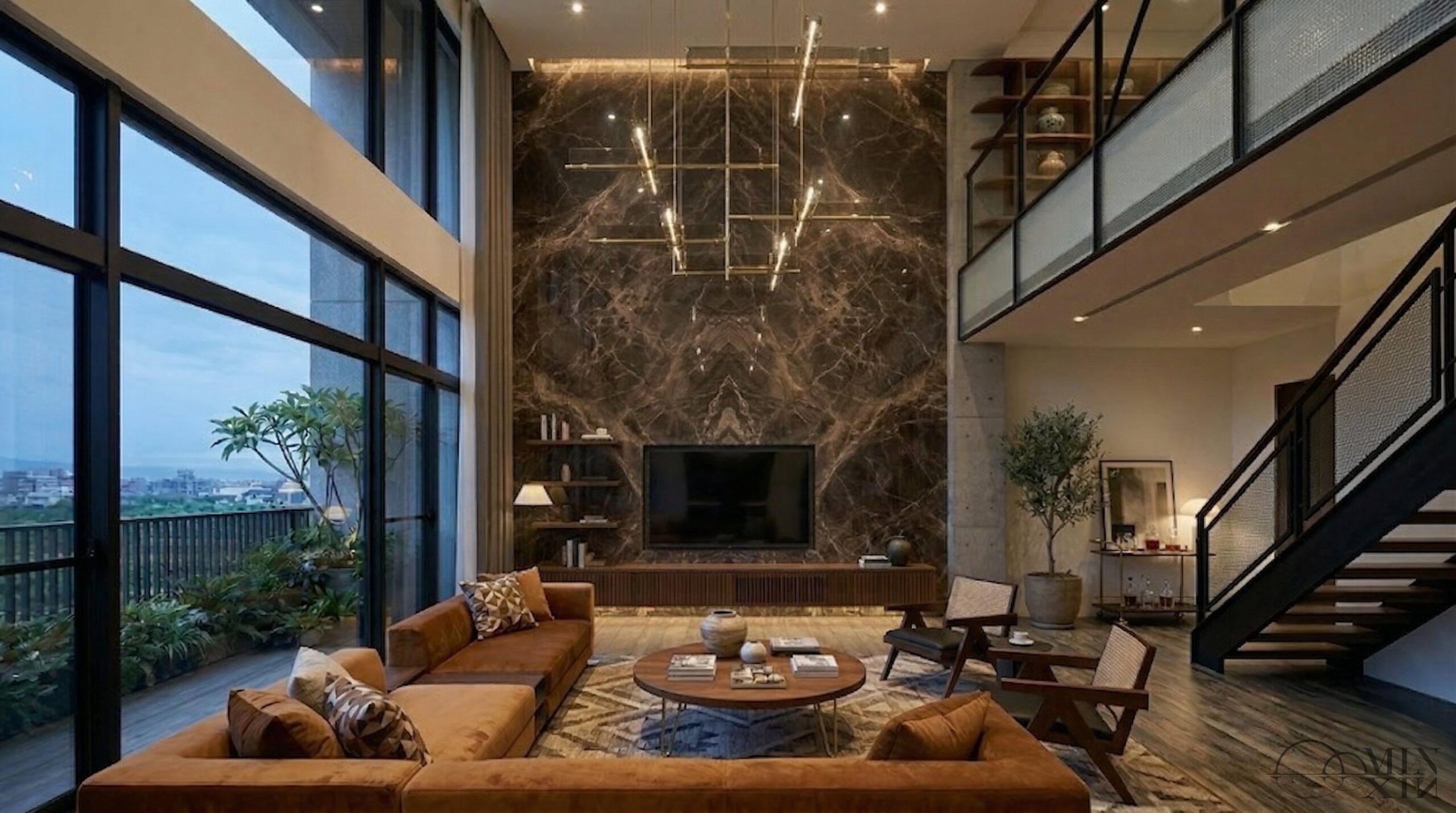 挑高電視牆,配合天花板間接照明