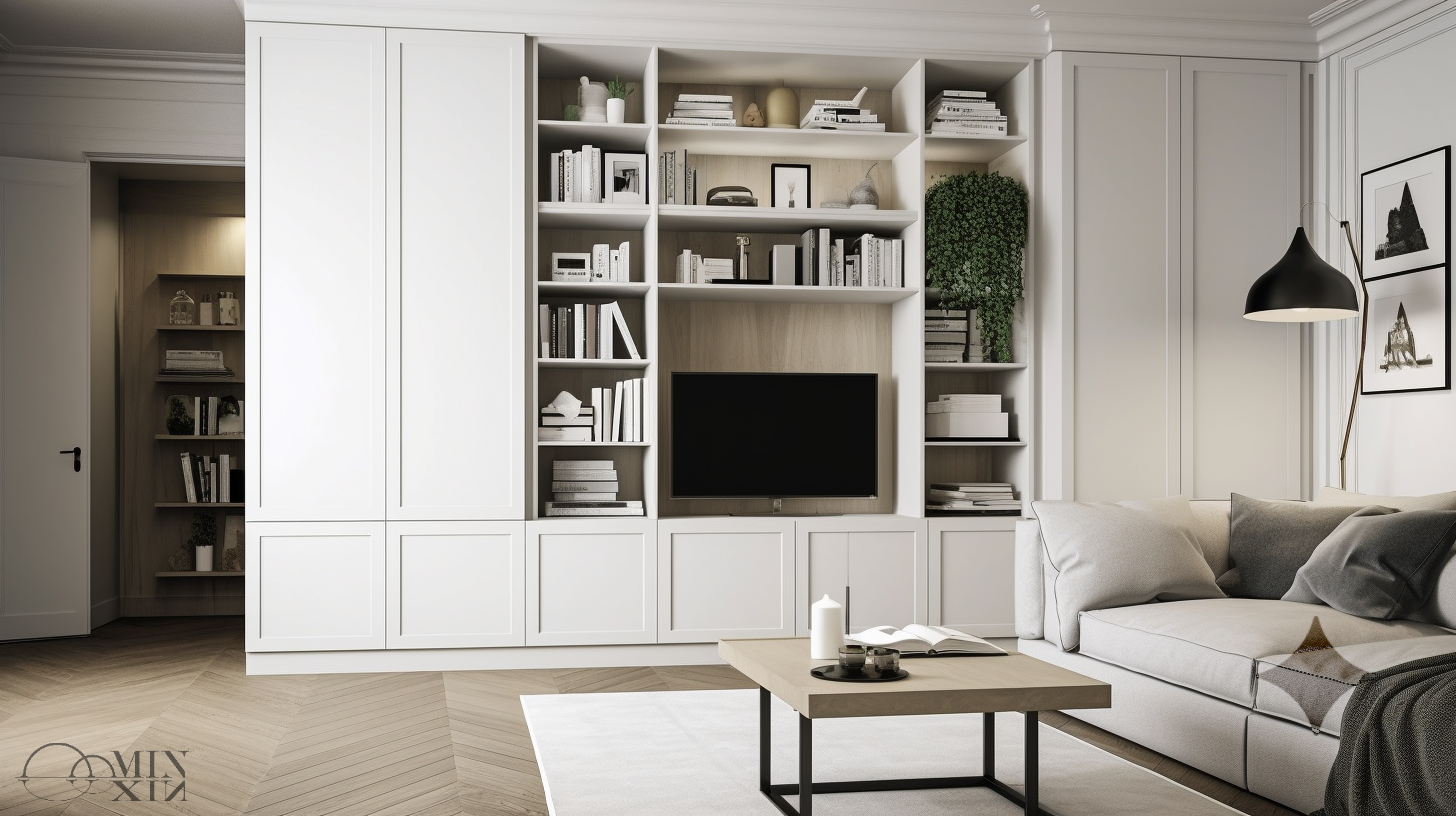 電視牆收納櫃開放層板與封閉門片搭配